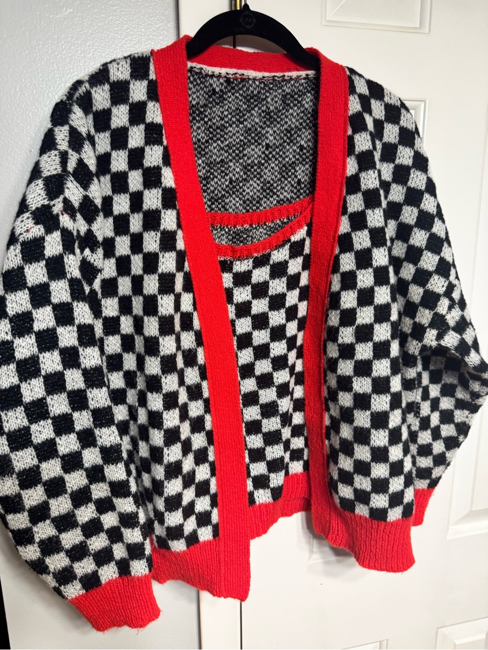 Black & White Checker Knit Cardigan Set with Red Trim